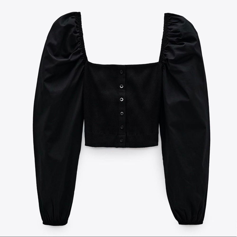 NWT BLACK SQUARE OFF SHOULDER BUTTON CROP TOP W LONG SLEEVES SZ SMALL
